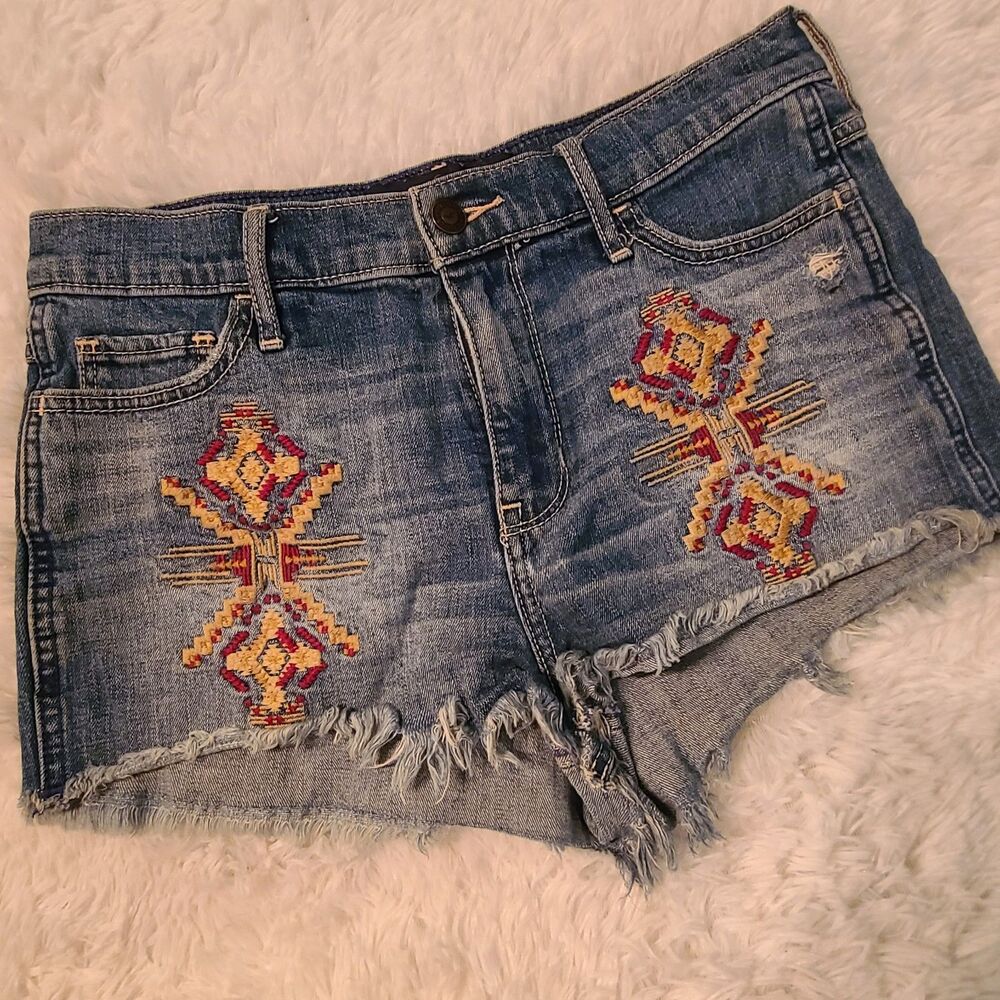 Hollister Shorts Womens Juniors 27 Blue High Rise Embroidered Aztec Boho Sz 5